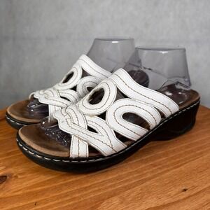 Clarks Bendables Wedge Sandals Womens 9M White Good Leather Cutout Slide 60241